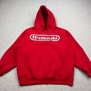 VTG Nintendo Hoodie Mens Large Red Fleece Graphic Logo 2004 Y2K Korea Sweatshirt
